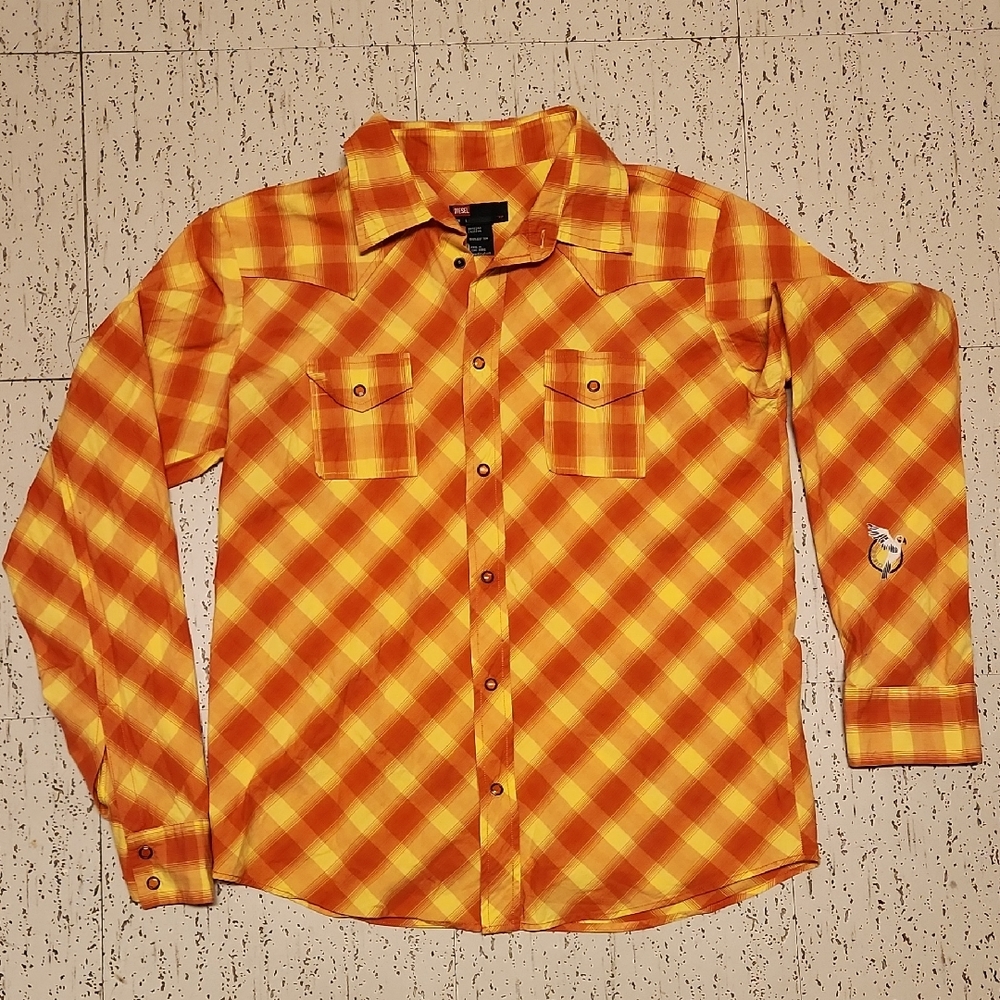 Diesel Flannel Orange & Yellow Button Down Long Sleeve Casual Dress Shirt Y2K